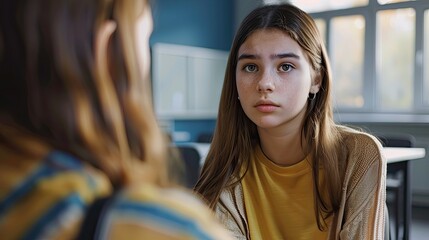 Psychologist behavior talks with serious teenage girl inside educational building