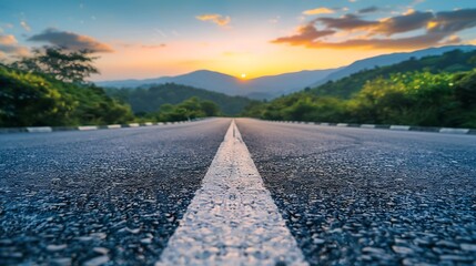 Canvas Print - Straight asphalt road and mountain natural background at sunset : Generative AI