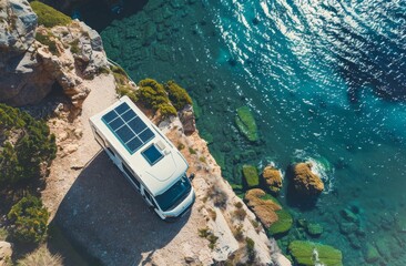 Camper van with solar panels on top of the roof standing close beside the seas, eco-friendly installation, travel vacation, scenic photography