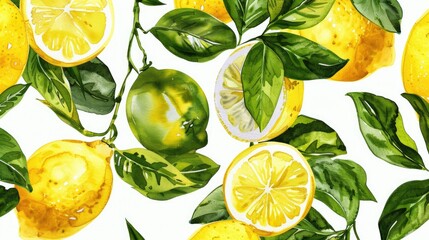 please create a hand painted lemon seamless pattern print for fabric in a watercolor style Colors of green white and yellow style of lilly pulitzer