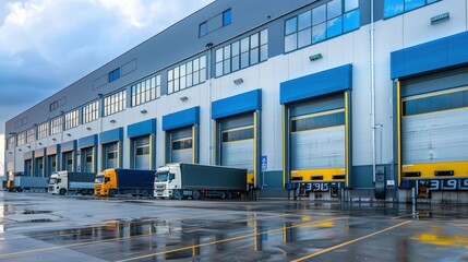 Wall Mural - Distribution center exterior with trucks loading and unloading goods