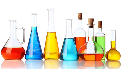 Wall Mural - Different laboratory glassware with colorful liquids isolated on white