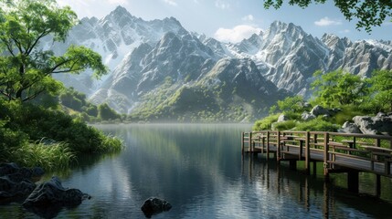 Wall Mural - Tranquil Mountain Lake with Wooden Dock and Lush Greenery