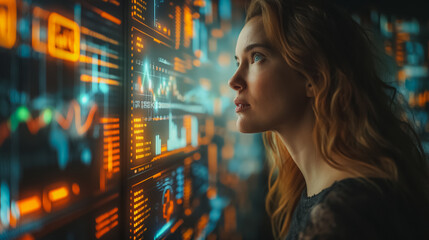 Wall Mural - a woman is looking at a computer screen with a lot of numbers and graphs