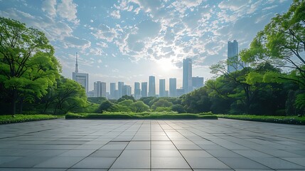 Poster - Empty square floor and green forest with city skyline scenery : Generative AI