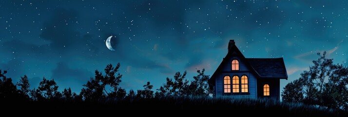 Poster - Silhouetted gabled house with illuminated window crescent moon and night sky