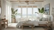 © 69 Timeless  Studio  - Coastal bedroom with light, airy furniture, beach-inspired decor, and a relaxing atmosphere. Room for text in the background.