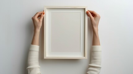 Fototapete - Cropped vertical view of woman hands hanging beige picture frame with copy space Female hold blank poster against white wall Art placard in room Concept of home decor : Generative AI
