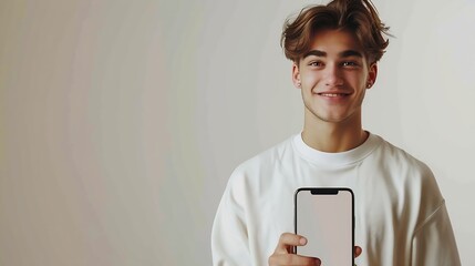 Poster - Handsome young man holding a smartphone mockup with a blank screen and smiling on a white background Celebrating success Gadget with empty space for mockup banner app : Generative AI