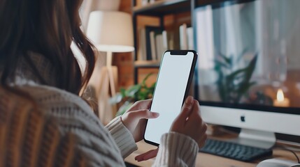 Poster - Mockup image of a woman holding and using mobile phone with blank desktop white screen at home : Generative AI