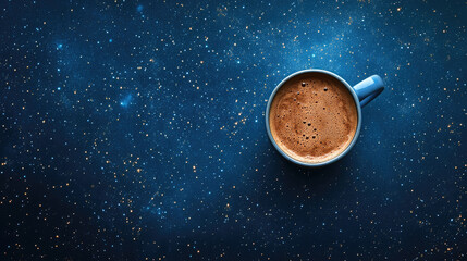 Cup of coffee on a galaxy style blue glitter background
