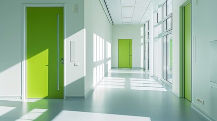 Poster - Interior of bright white room with green closed door in modern hospital : Generative AI
