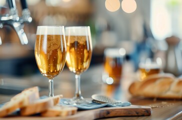 Wall Mural - Two Glasses of Beer With Fresh Bread on a Rustic Table in a Warm Bar Setting