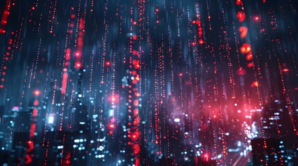 Poster - Mesmerizing Digital Rain of Binary Code Over Glowing City Skyline