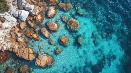 Wall Mural - **Aerial top view of azure clear water crashing against the rocky coastline of a coral beach.**