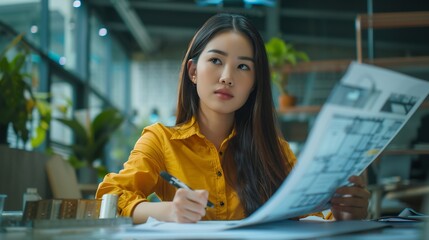 Poster - Diverse engineer team working at the office table with construction plans and architect equipment and planning construction project Focus on an asian vietnamese woman team leader holdi : Generative AI