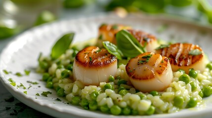 Pea risotto with pan seared sea scallops served in a white plate vertical shot closeup selective focus : Generative AI