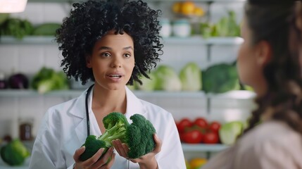 Qualified female dietitian nutritionist healthy food expert doctor of alternative medicine consultant in health center holding broccoli and telling young woman about benefits of eating : Generative AI