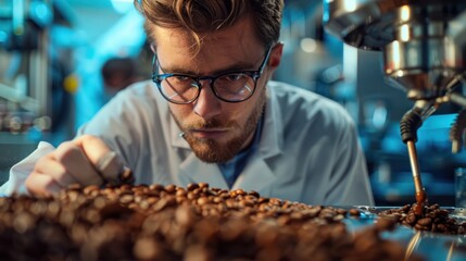 Wall Mural - A coffee roaster examining the aroma and quality of freshly roasted beans, illustrating the sensory evaluation process