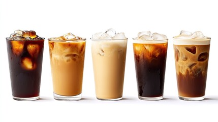 Collection of iced coffee varieties, including classic black and latte, with frothy milk and ice, isolated on a clean white background