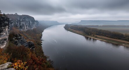 Sticker - Autumn River View With Cliffs and Fog in Early Morning Light