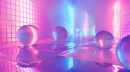 Y2K aesthetics abstract background with glass 3d spheres in a glossy studio interior. Atmospheric retro technology backdrop.