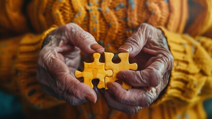 Hands of Senior Woman Doing Puzzle Close up of Wrinkled Elderly Female Hands Holding Two Pieces of Yellow Jigsaw Puzzle Focus on Hands : Generative AI