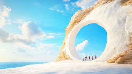 A serene scene featuring a circular opening in a rocky landscape, revealing a beautiful seascape under a clear blue sky.