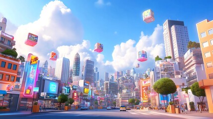 A vibrant cityscape featuring towering buildings, colorful signs, and floating structures under a bright sky.