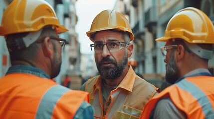 Aufkleber - Team of construction contractor talking  discussing about the building plan together at construction site Diverse ethnicity construction workers working together at construction site : Generative AI