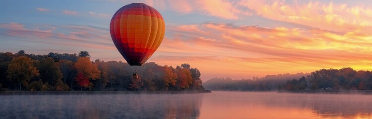 Wall Mural - Hot Air Balloon Floating Over Calm Lake at Sunrise With Misty Forest Background