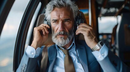 Poster - Premium business requires premium transport Shot of a mature businessman using a mobile phone while traveling in a helicopter : Generative AI