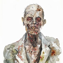 Watercolor Illustration of a Zombie with a Stained Shirt