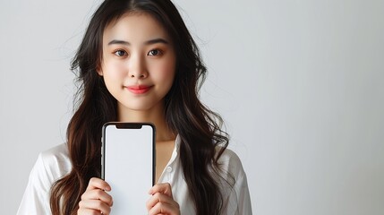 Aufkleber - beautiful Asian young woman showing big smart phone with blank screen  white screen empty copy space for advertising banner isolated on white background  Mock Up Image : Generative AI
