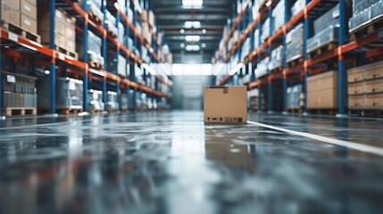 Fototapete - Warehouse interior background  A brand new industrial shed Store factory Industry warehouse space and hardware box for delivery with copy space : Generative AI