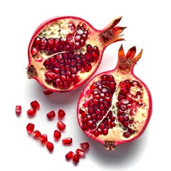 Poster - Vibrant pomegranate halves with juicy seeds on a white background. Ideal for food presentations, healthy eating promotions, or kitchen decor. Beautiful and fresh, perfect for commercial use. AI