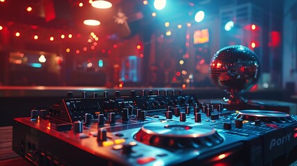 Poster - Empty DJ mixing panel at funky club spotlights and disco ball at the bar used for dancing and clubbing Dance floor at discotheque with audio equipment station used for partying nightli : Generative AI