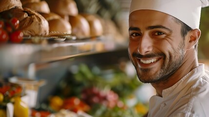 Smiling chef using fresh ingredients while preparing food int he kitchen and looking at camera : Generative AI