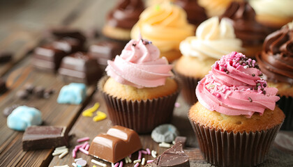 Wall Mural - Delicious cupcakes and chocolate pieces on wooden table, closeup