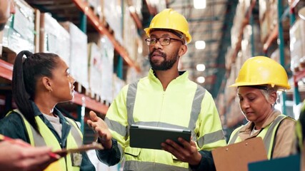 Sticker - Logistics, team and tablet with discussion in warehouse for inspection, storage control and service delivery. Planning, supervisor or stock checklist for inventory management and freight distribution