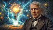 © unicusx - Portrait of Thomas Alva Edison with lightning surrounds glowing bulb, electricity, and mechanical devices. Steampunk background with gears and lightning. Concept of innovation and genius.