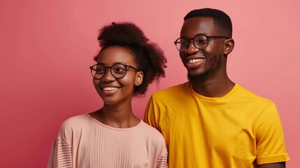 Positive smiling african couple in casual wear looking away at copy space isolated over pink studio background : Generative AI