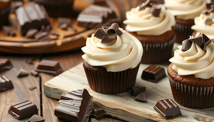 Wall Mural - Delicious cupcakes and chocolate pieces on wooden table, closeup