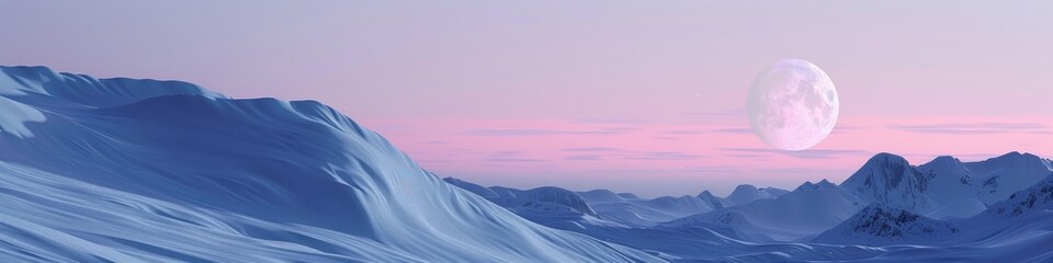 Poster - Moon over snowy mountain slope in minimalistic landscape Pink polar dawn sky and Arctic evening backdrop