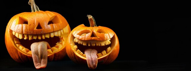 Wall Mural - Scary Halloween party jack o lantern celebration holiday banner panorama - Spooky funny carved pumpkins with tongue ou, isolated on black night texture background