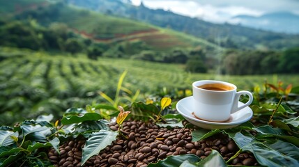 Coffee cup Coffee Plantation Coffee beans background Coffee area landscape Dalat Vietnam : Generative AI