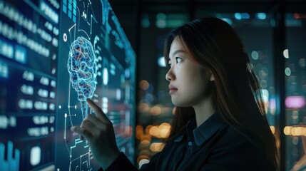 ai artificial intelligence. business woman using ai technology for data analysis, coding computer la
