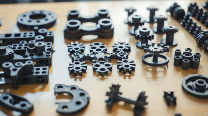 Sticker - Black mechanical parts meticulously arranged on a wooden surface, exhibiting their geometric shapes and engineering beauty.