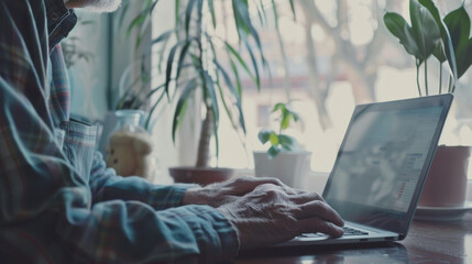 Sticker - An individual focuses on typing on a laptop in a workspace filled with plants and a bear figurine, illuminated by natural light.