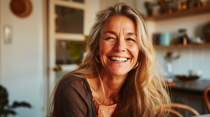 Sticker - Mature woman beams with joy and contentment in a warmly lit kitchen, surrounded by cherished household items.